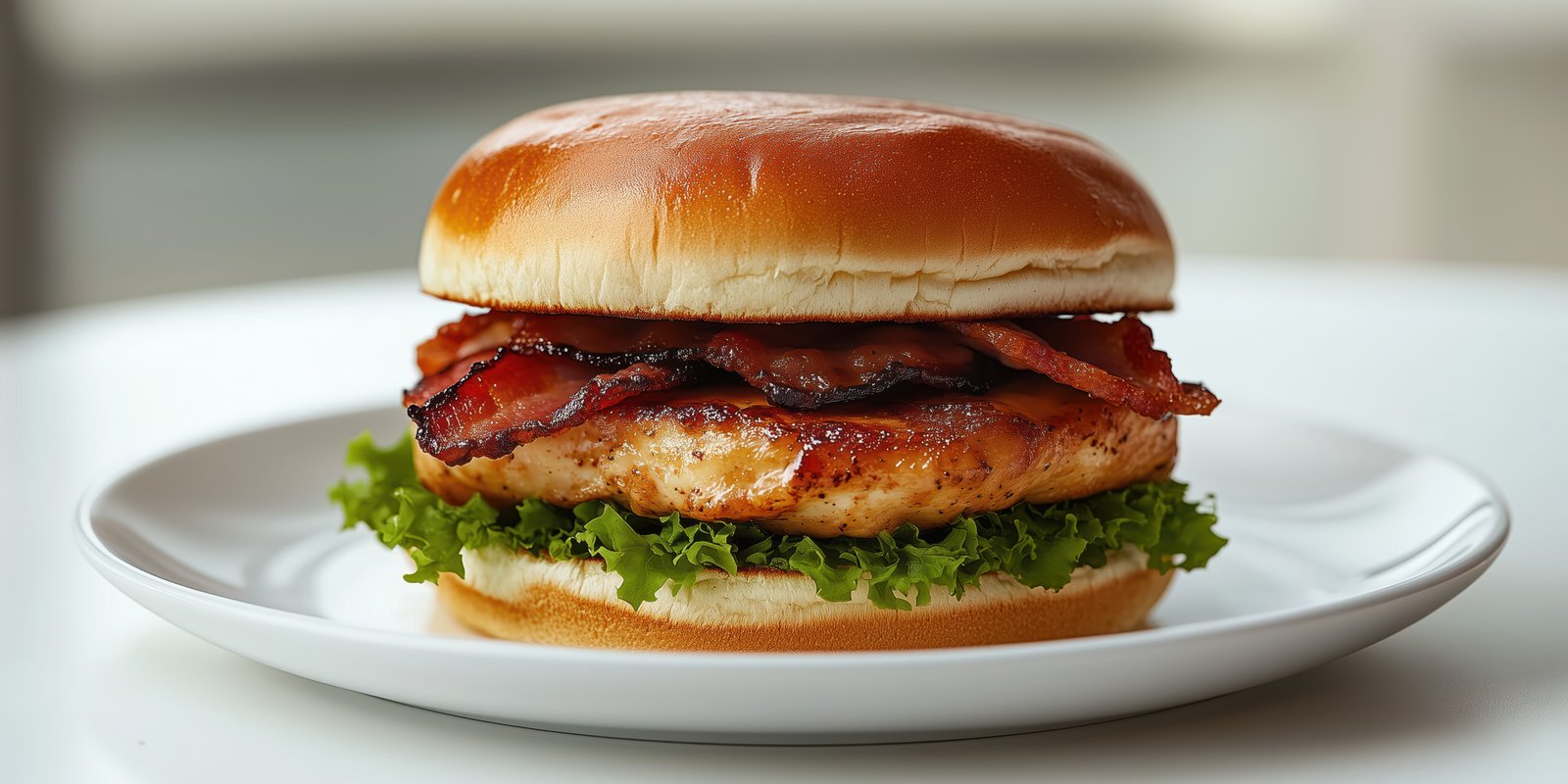 Delicious sandwich with grilled chicken, crispy bacon, and fresh lettuce served on a soft bun